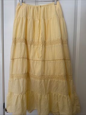 Sunny Yellow Tiered Maxi Skirt with Crochet Trim